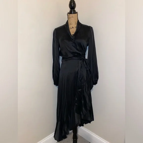 ZIMMERMAN BLACK SILK RUFFLE LONG DRESS ASYMMETRICAL WITH BELT SIZE 0 - Picture 2 of 13